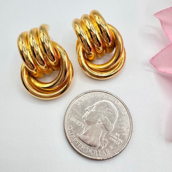 Vintage Knot Pipe Door Knocker Earrings Chunky Retro 80s 90s Gold Tone Runway - Picture 5 of 6